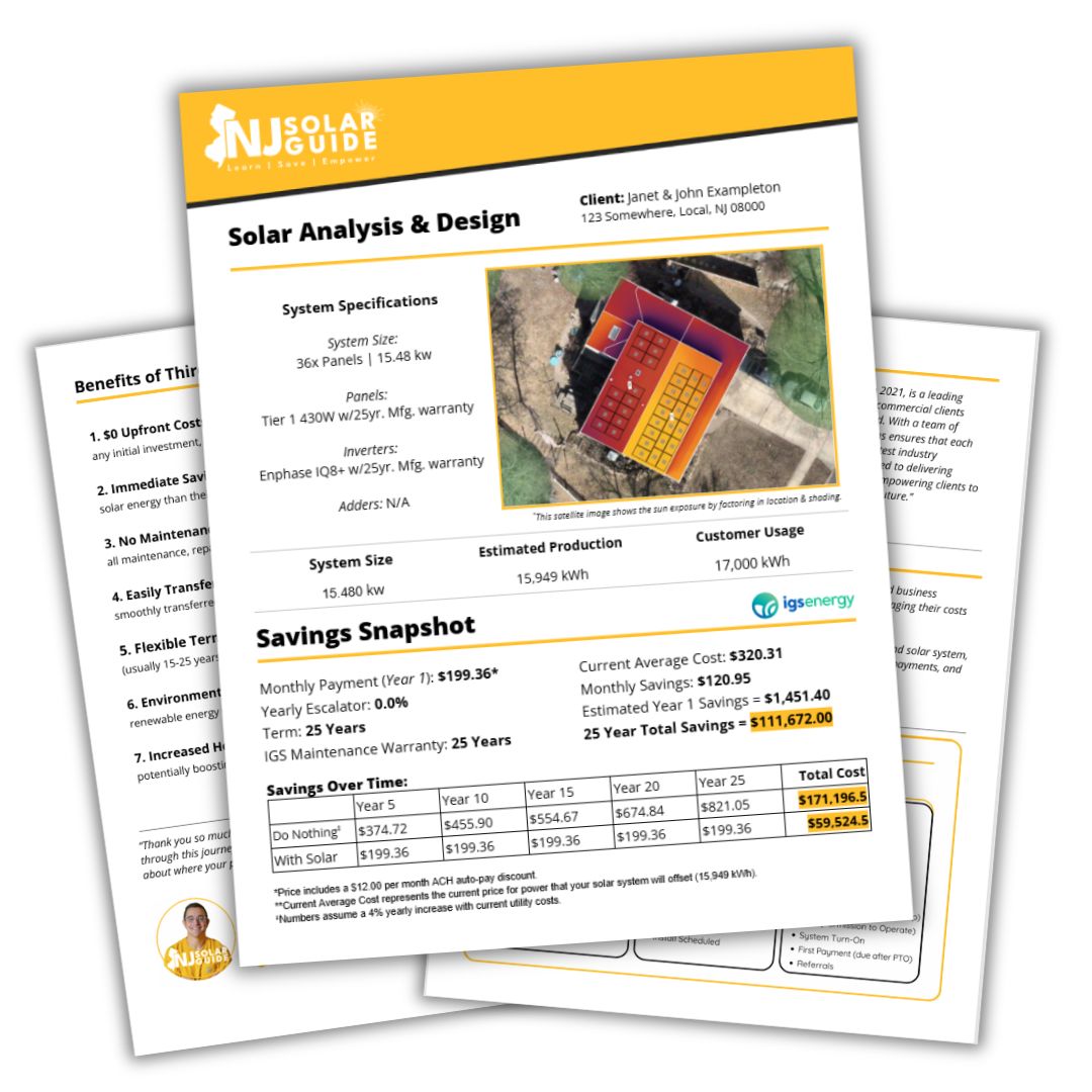 New Jersey homeowner's custom Solar Analysis & Savings Snapshot with estimated savings and solar panel layout